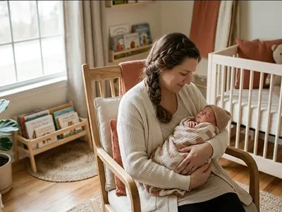 A new mother in a rocking chair in a softly lit nursery, cradling her infant, representing the themes of "Top 5 Exercises to Relieve Postpartum Depression Symptoms Naturally".