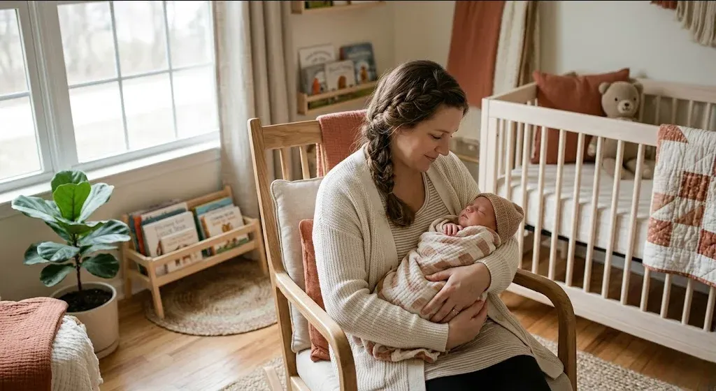 A new mother in a rocking chair in a softly lit nursery, cradling her infant, representing the themes of "Top 5 Exercises to Relieve Postpartum Depression Symptoms Naturally".