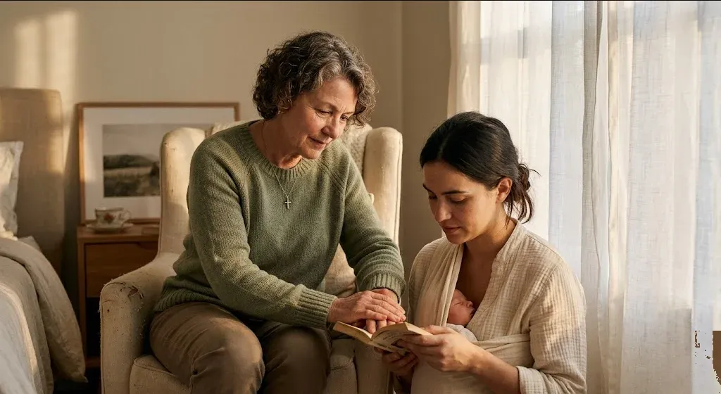 A quiet interior scene — soft light, a plant, a chair, a sense of calm presence, representing the themes of "Faith Community Guide to Perinatal Mental Health Support".