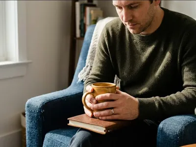 A woman at a kitchen table, baby carrier on the chair beside her, warm cup in hand, representing the themes of "Fathers' Mental Health in the Postpartum Period: Why It Matters and What to Do When You're Not Okay".