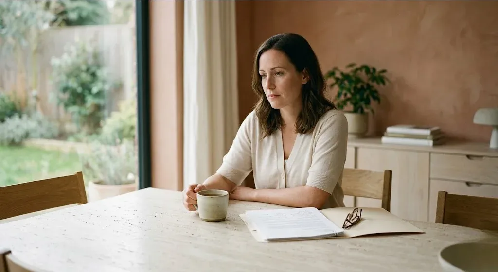 A woman sitting in a quiet room with soft window light, holding a small plant, expression hopeful, representing the themes of "Coordinating Mental Health Care Across the Fertility-to-OB Transition: Communication Protocols and Team Roles".