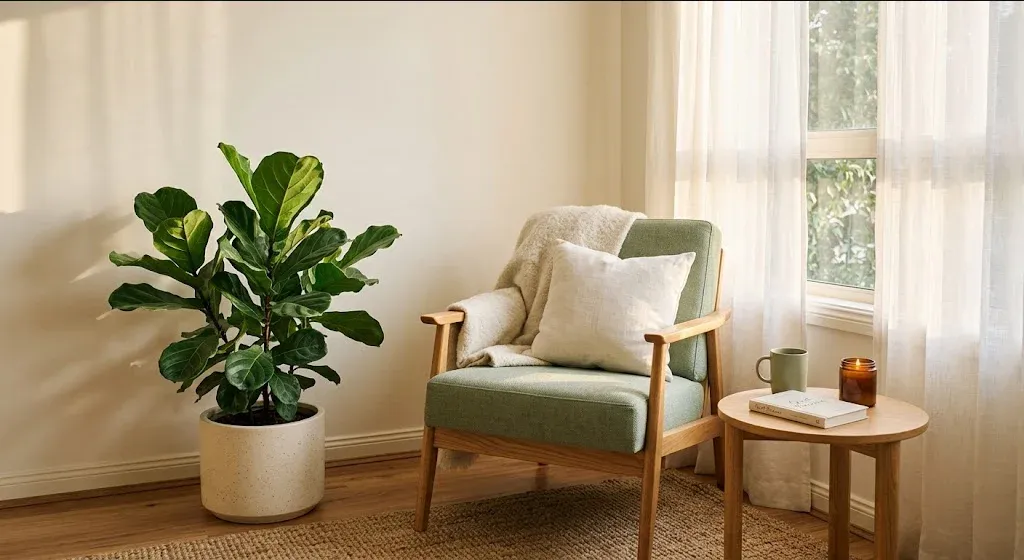 A quiet interior scene — soft light, a plant, a chair, a sense of calm presence, representing the themes of "'Fight, Flight, or Freeze': How Your Nervous System Responds to a Traumatic Birth".