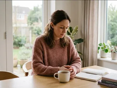 A therapist's desk with a small plant and notepad, warm and unhurried, representing the themes of "How to Find a Therapist for Perinatal Anxiety".