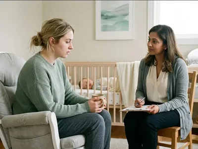 A mother sitting on the edge of a bed in morning light, infant asleep nearby in a bassinet, representing the themes of "How to Find the Right Therapist for Postpartum OCD".