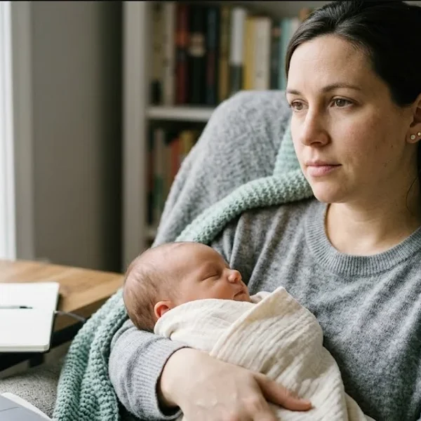 A parent at a kitchen table with a work notebook and a cooling cup of coffee, both things pulling for attention, representing the themes of "FMLA and Perinatal Mental Health: What HR Needs to Know".