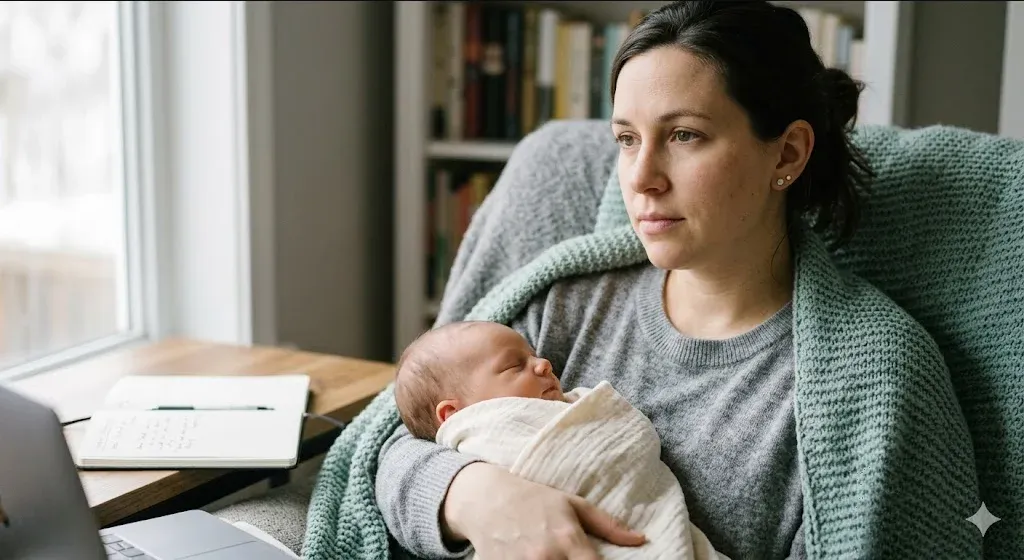 A parent at a kitchen table with a work notebook and a cooling cup of coffee, both things pulling for attention, representing the themes of "FMLA and Perinatal Mental Health: What HR Needs to Know".