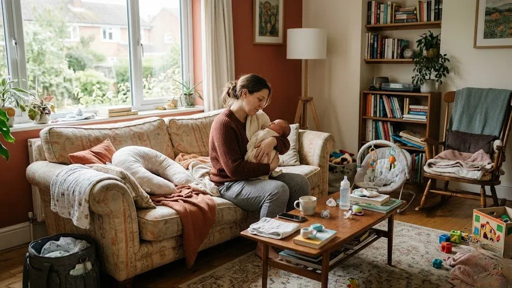 A mother sitting on a sofa in a softly lit, slightly cluttered living room, cradling a sleeping newborn.