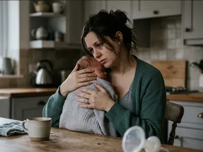 A figure near a window in a quiet domestic interior, unhurried and still, representing the themes of "The Fourth Trimester: When You're Struggling More Than You Expected".
