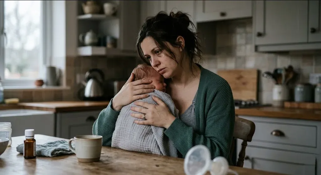 A figure near a window in a quiet domestic interior, unhurried and still, representing the themes of "The Fourth Trimester: When You're Struggling More Than You Expected".