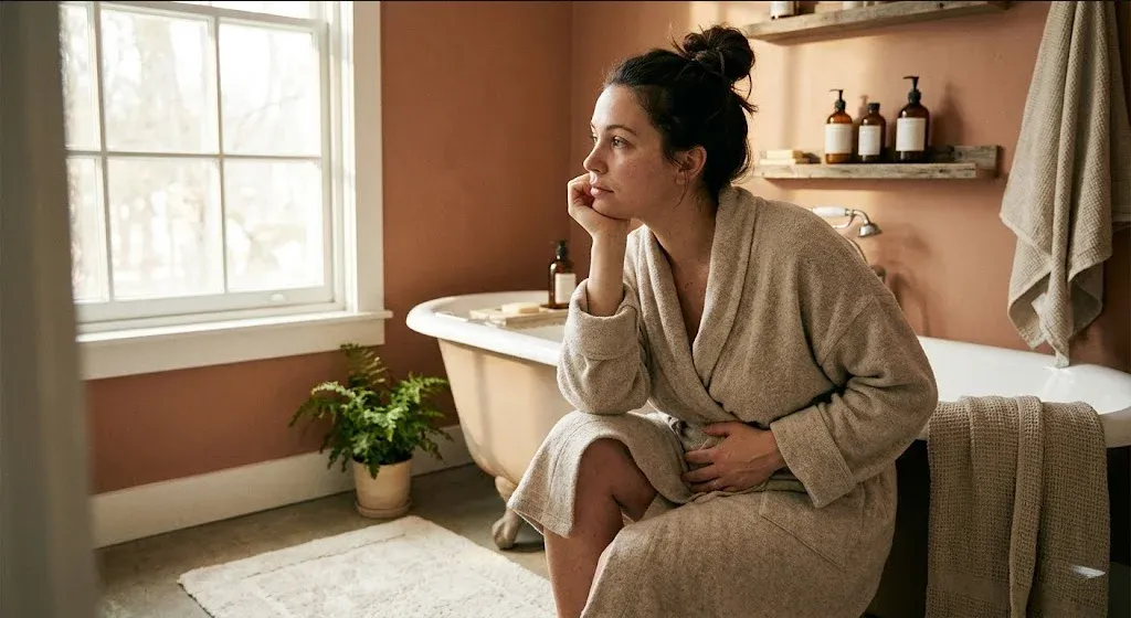A new mother in a rocking chair in a softly lit nursery, cradling her infant, representing the themes of "The Fourth Trimester: What's Actually Happening to Your Body and Mind".