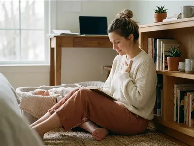 A person sitting in a warm, peaceful room with soft natural light, a sense of calm reflection, representing the themes of "Fourth Trimester Recovery: What to Actually Expect".