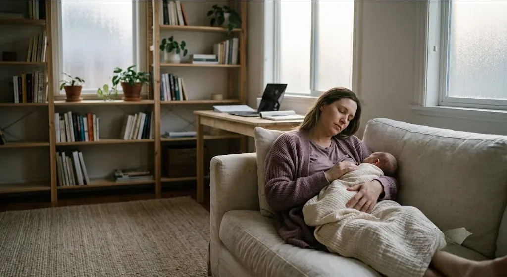 A parent on a couch, infant nestled on their chest, both still and quiet, representing the themes of "Your Compassionate Guide to Surviving and Thriving in the Fourth Trimester".