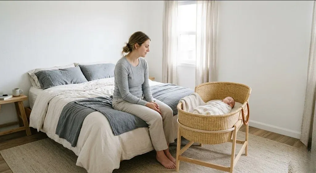 A mother sitting on the edge of a bed in morning light, infant asleep nearby in a bassinet, representing the themes of "The Fourth Trimester Week by Week: A Realistic Guide to Your Postpartum Recovery".