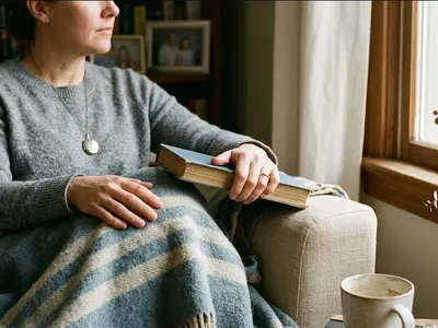 A person holding a small candle in a dark room, a single point of warm light, representing the themes of "Grief After Pregnancy Loss: What Recovery Actually Looks Like".