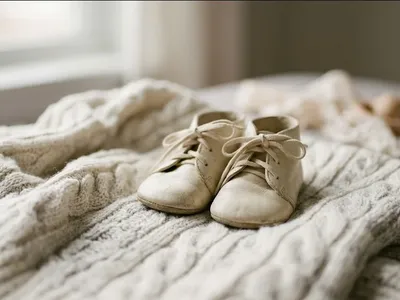 A pair of tiny empty baby shoes resting on a soft knit blanket in gentle window light, a quiet tender image evoking grief and love after stillbirth.