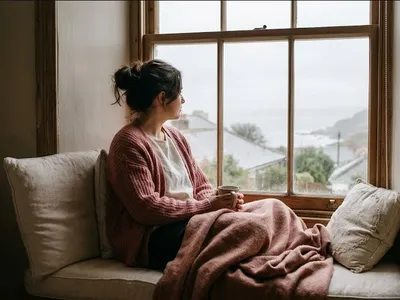 A figure seated on a window seat, looking out at a grey sky, a soft blanket nearby, representing the themes of "A Compassionate Guide to Navigating Pregnancy & Infant Loss".
