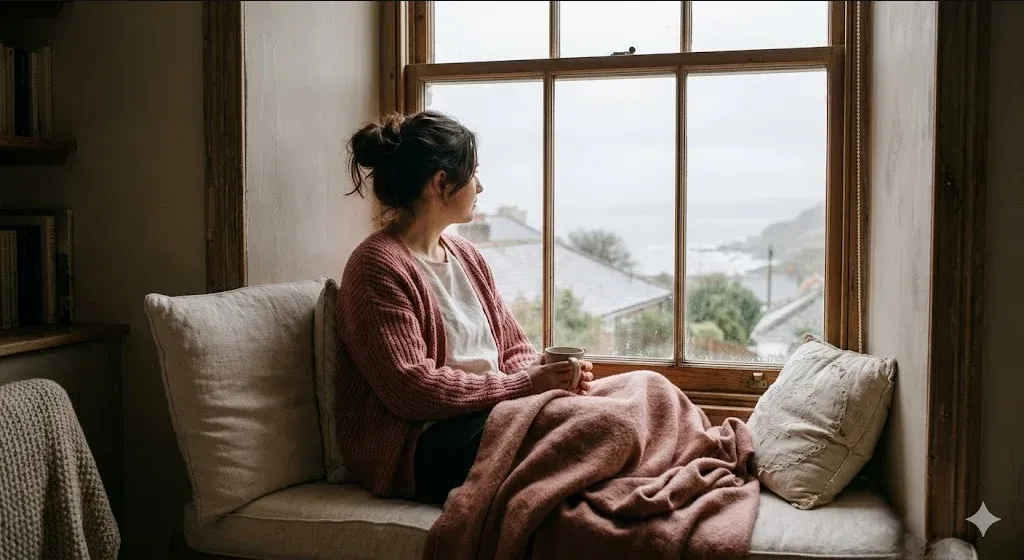 A figure seated on a window seat, looking out at a grey sky, a soft blanket nearby, representing the themes of "A Compassionate Guide to Navigating Pregnancy & Infant Loss".