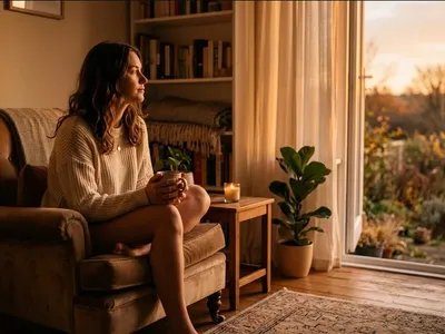 A person sitting in a warm, peaceful room with soft natural light, a sense of calm reflection, representing the themes of "When Your Birth Plan Doesn't Go to Plan: Grieving the Experience You Wanted".
