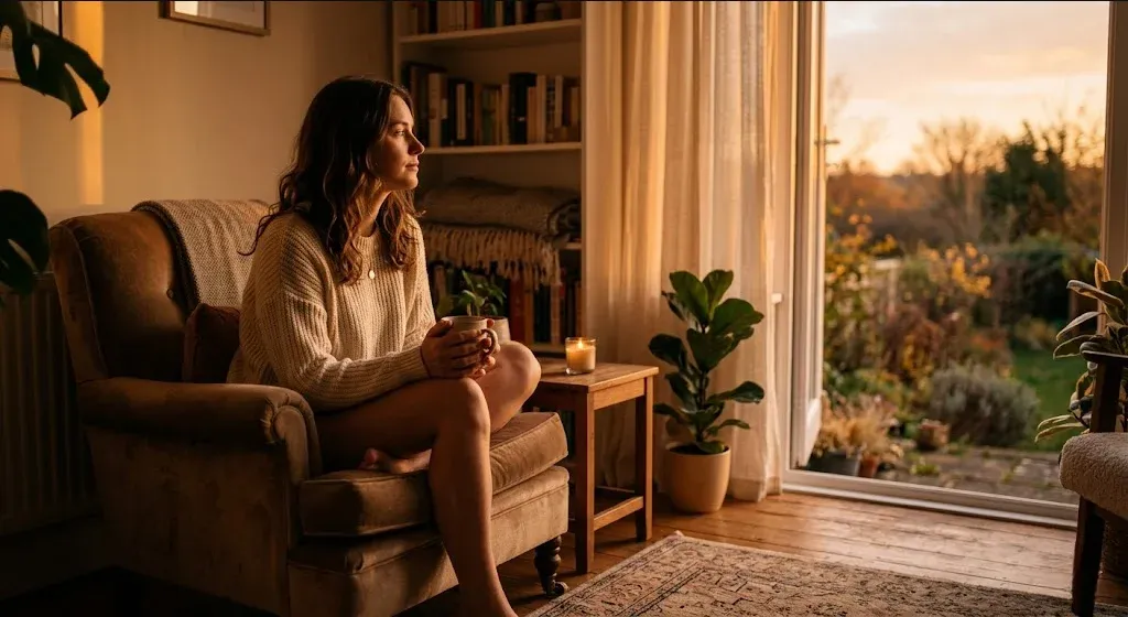 A person sitting in a warm, peaceful room with soft natural light, a sense of calm reflection, representing the themes of "When Your Birth Plan Doesn't Go to Plan: Grieving the Experience You Wanted".