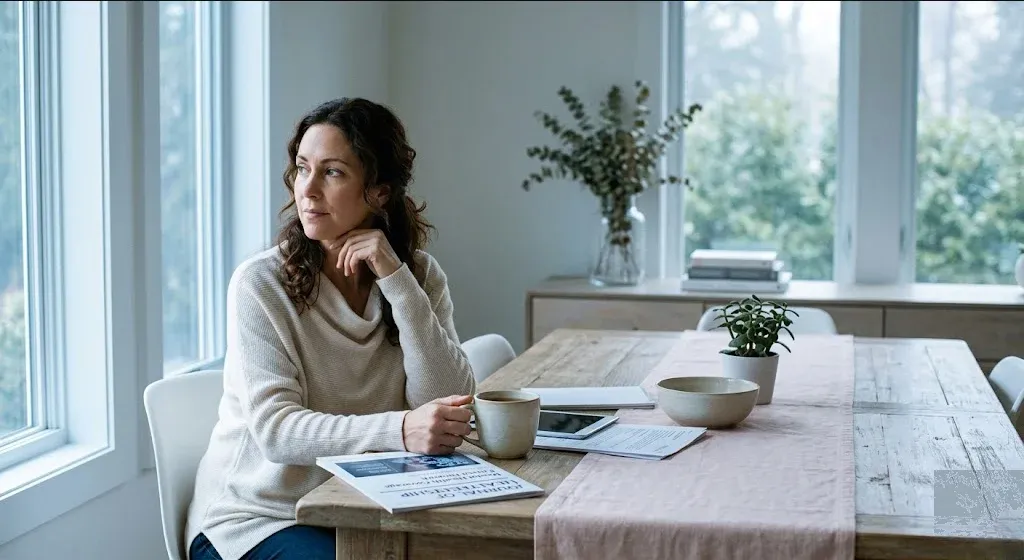 A person at a table with a warm drink, looking forward with a calm, open expression, representing the themes of "Championing Perinatal Mental Health Coverage: A Framework for Health Plan Leaders".