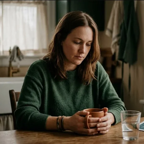 A person at a kitchen table with a journal open, pen resting, looking toward the window, representing the themes of "HEDIS Measures and Star Ratings Tied to Perinatal Depression Screening and Follow-Up".