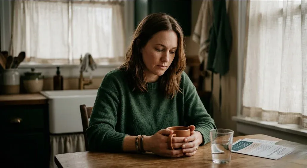 A person at a kitchen table with a journal open, pen resting, looking toward the window, representing the themes of "HEDIS Measures and Star Ratings Tied to Perinatal Depression Screening and Follow-Up".