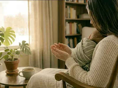 A new mother sitting in a rocking chair in a softly lit nursery, gently cradling her infant, evoking the themes of "High-Functioning Postpartum OCD: When Everything Looks Fine on the Outside".