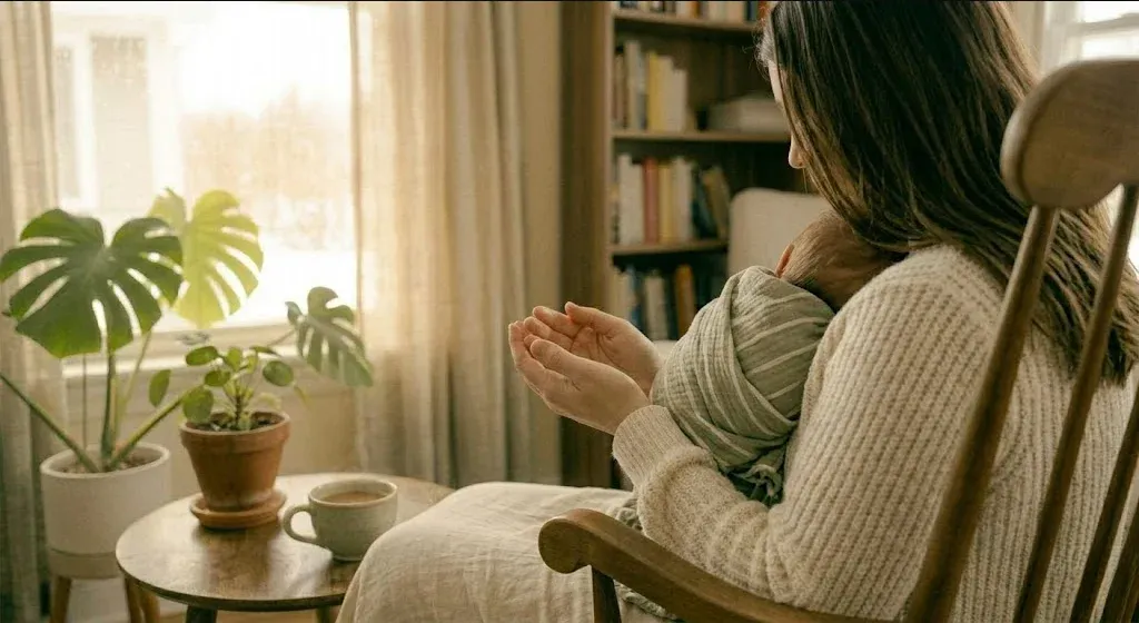 A new mother sitting in a rocking chair in a softly lit nursery, gently cradling her infant, evoking the themes of "High-Functioning Postpartum OCD: When Everything Looks Fine on the Outside".