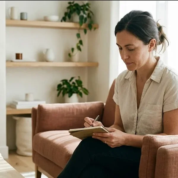 A person sitting in a warm, peaceful room with soft natural light, a sense of calm reflection, representing the themes of "Home Visiting and PMAD Identification: A Field Guide".