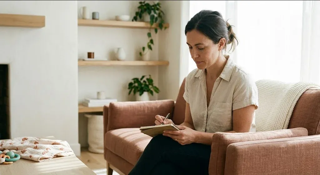 A person sitting in a warm, peaceful room with soft natural light, a sense of calm reflection, representing the themes of "Home Visiting and PMAD Identification: A Field Guide".
