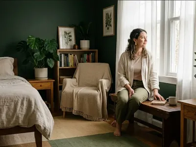 A quiet interior scene — soft light, a plant, a chair, a sense of calm presence, representing the themes of "Hormonal Mental Health Issues: Do They Get Better?".