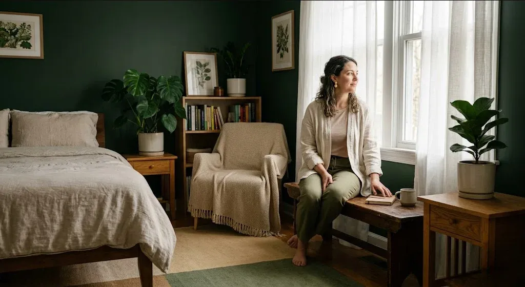 A quiet interior scene β soft light, a plant, a chair, a sense of calm presence, representing the themes of "Hormonal Mental Health Issues: Do They Get Better?".