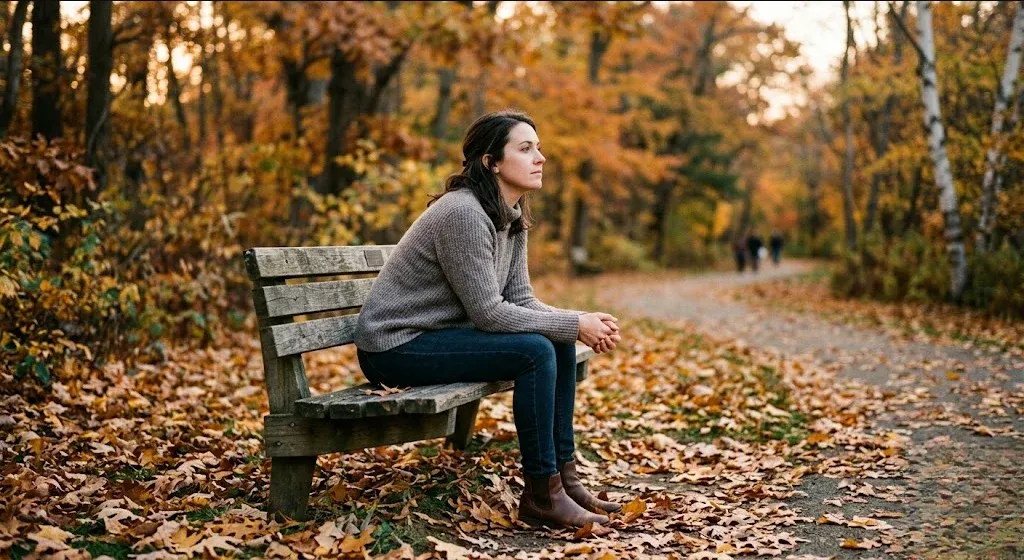 A woman sitting alone on a park bench surrounded by autumn leaves, gazing into the distance with a pensive expression, evoking the open-ended and nonlinear nature of grief.