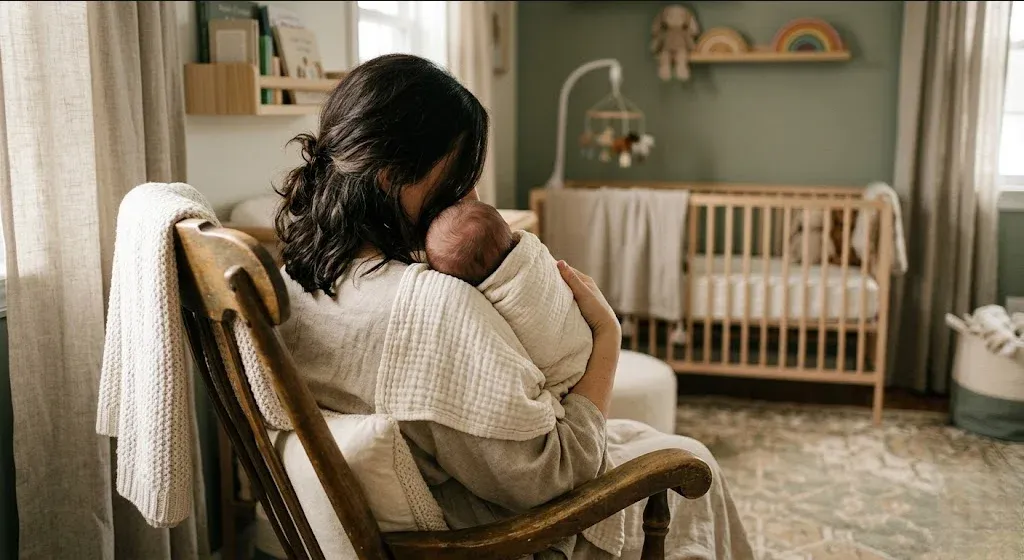 A new mother sitting in a rocking chair in a softly lit nursery, gently cradling her infant, evoking the themes of "How Long Does Postpartum OCD Last? Timeline and Recovery".