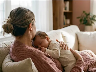 A parent on a couch, infant nestled on their chest, both still and quiet, representing the themes of "How to Build Emotional Resilience During the Postpartum Period".