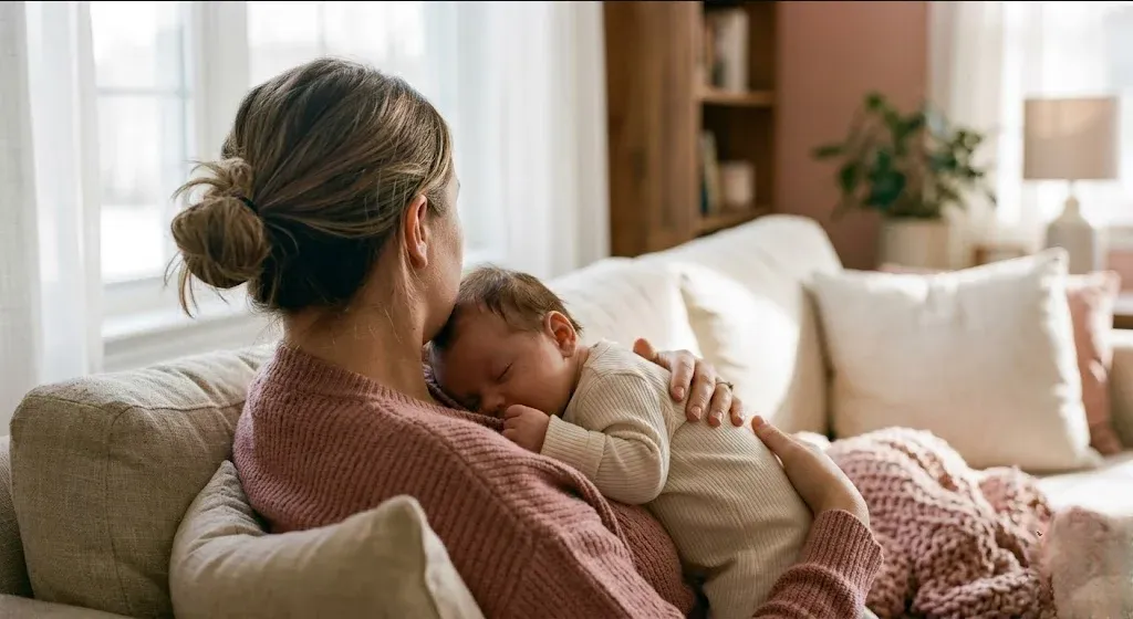 A parent on a couch, infant nestled on their chest, both still and quiet, representing the themes of "How to Build Emotional Resilience During the Postpartum Period".