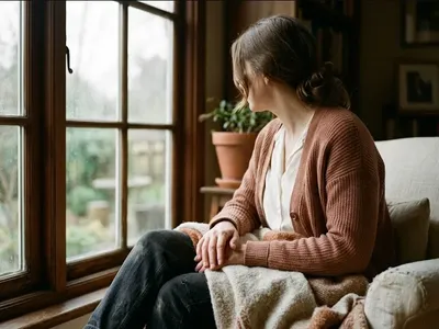 A woman sitting quietly by a large window, hands resting in lap, soft diffused light, representing the themes of "How to Cope With Pregnancy After Miscarriage".