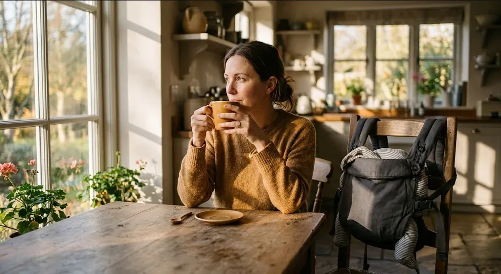 A woman at a kitchen table, baby carrier on the chair beside her, warm cup in hand, representing the themes of "How to Create a Postpartum Recovery Plan: Tips for New Parents".