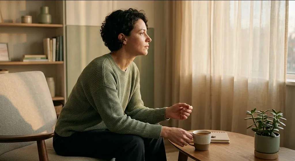 An adult sitting on a back step looking into a garden, posture heavy but calm, representing the themes of "How to Get Help for Parental Burnout: What Works and Where to Start".