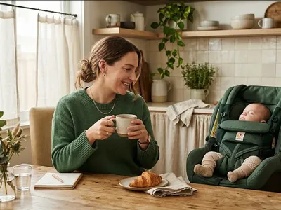 A woman at a kitchen table, baby carrier on the chair beside her, warm cup in hand, representing the themes of "How to Make Mom Friends: A Practical Guide to Building Your Postpartum Village".