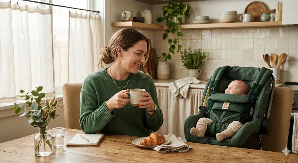 A woman at a kitchen table, baby carrier on the chair beside her, warm cup in hand, representing the themes of "How to Make Mom Friends: A Practical Guide to Building Your Postpartum Village".