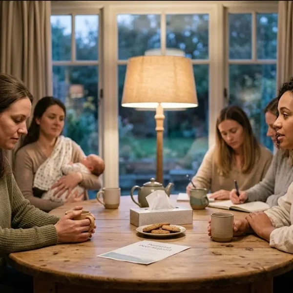 A person sitting in a warm, peaceful room with soft natural light, a sense of calm reflection, representing the themes of "How to Start a Perinatal Mental Health Support Group".