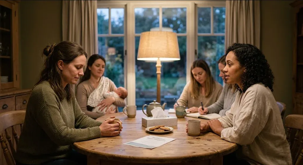 A person sitting in a warm, peaceful room with soft natural light, a sense of calm reflection, representing the themes of "How to Start a Perinatal Mental Health Support Group".