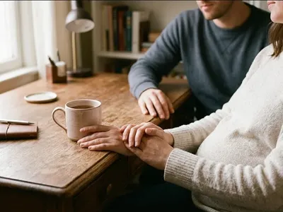 A woman standing near a window, one hand on her belly, soft backlight, representing the themes of "How to Support a Partner With Prenatal Depression".