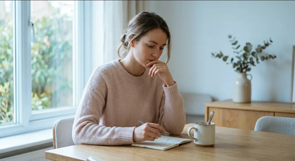 A person at a table with a warm drink, looking forward with a calm, open expression, representing the themes of "How to Talk About Your Birth Trauma (When You're Not Sure Where to Start)".