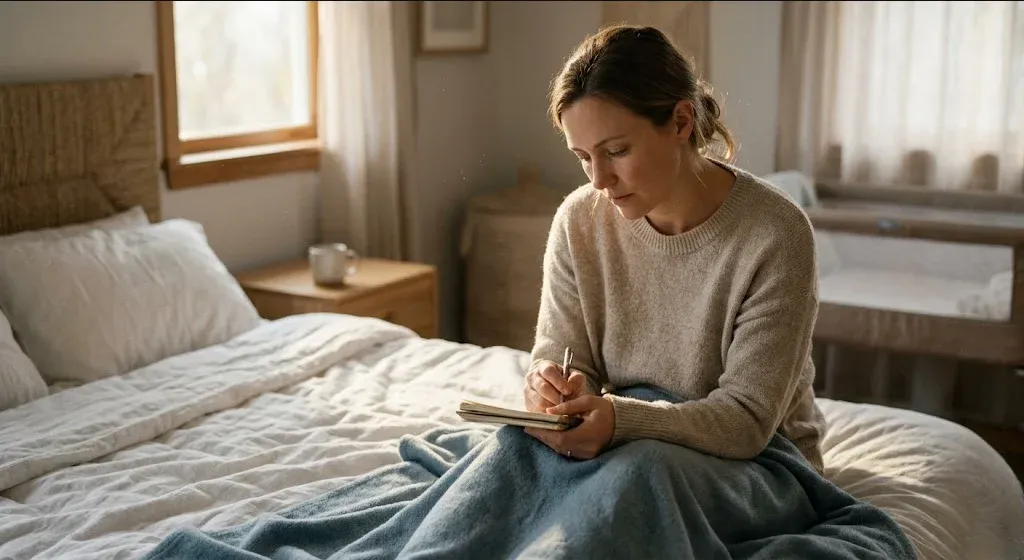 A mother sitting on the edge of a bed in morning light, infant asleep nearby in a bassinet, representing the themes of "How to Talk to Your Partner About Their Postpartum Depression".