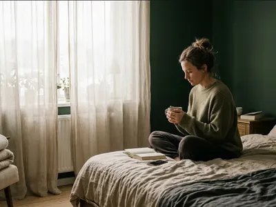 A woman at a kitchen table, baby carrier on the chair beside her, warm cup in hand, representing the themes of "How to Talk to Someone About Your Postpartum Anxiety".
