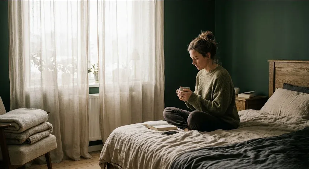 A woman at a kitchen table, baby carrier on the chair beside her, warm cup in hand, representing the themes of "How to Talk to Someone About Your Postpartum Anxiety".