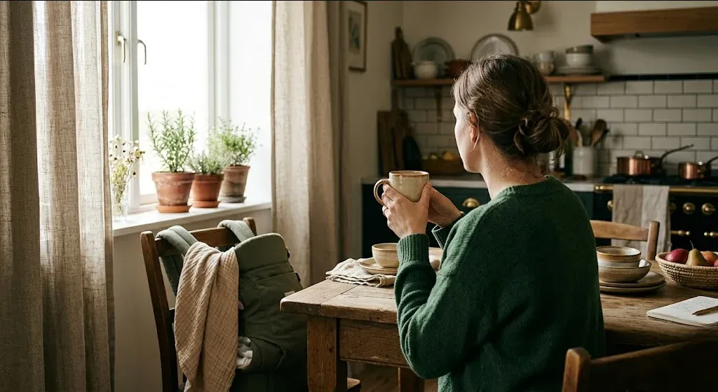 A woman at a kitchen table, baby carrier on the chair beside her, warm cup in hand, representing the themes of "How to Tell Your Partner You Need Postpartum Support".