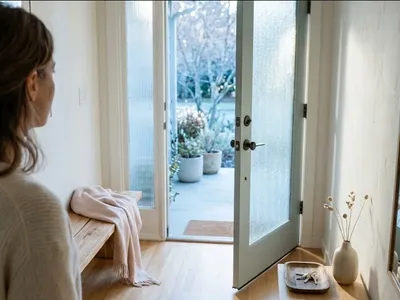 A woman sitting on a bed with a journal open, pen resting, warm morning light, representing the themes of "Does Infertility Grief Get Better? What Recovery Actually Looks Like".